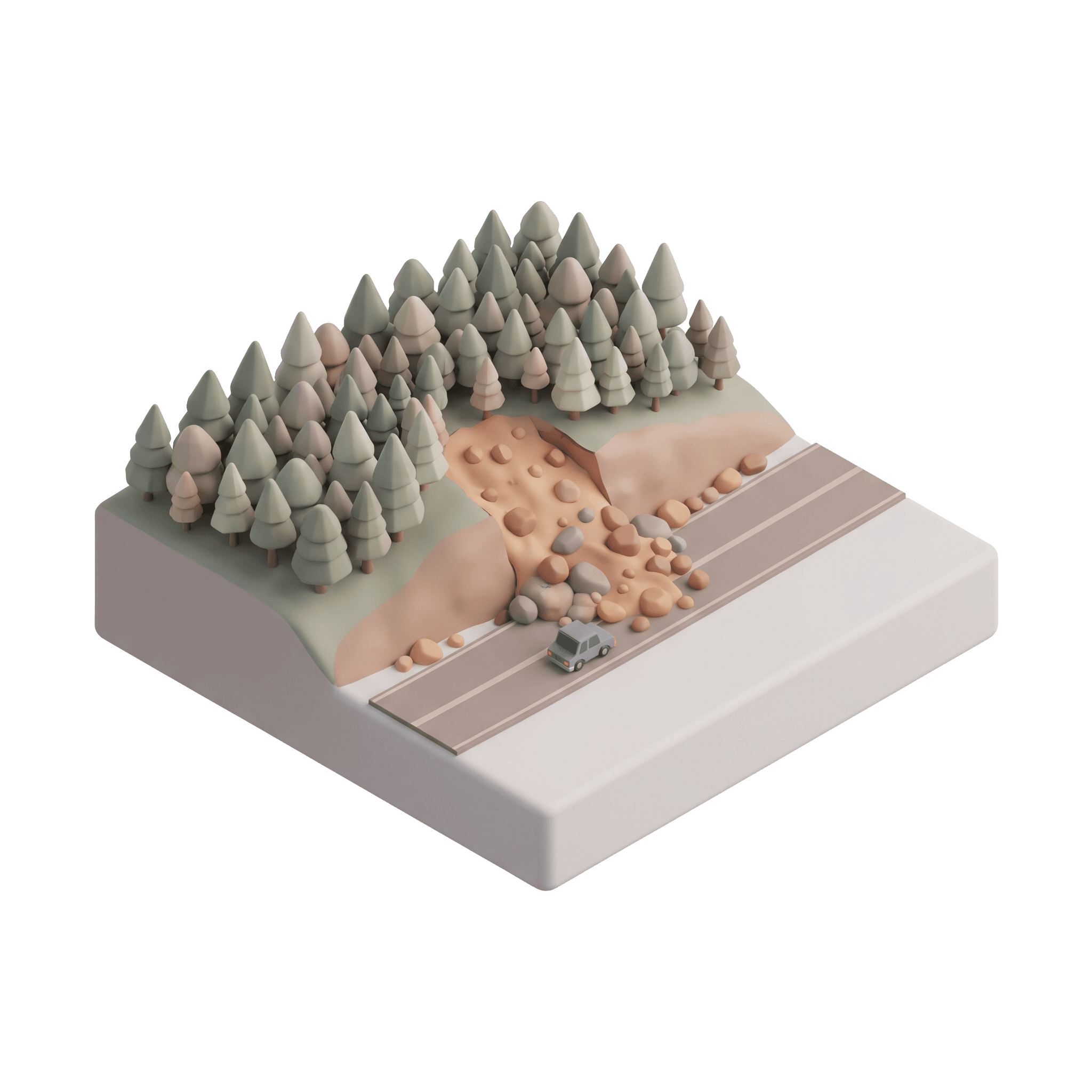Maquete de uma encosta de floresta que cedeu sobre a estrada, com terra e pedras cobrindo a pista e um carro parado diante delas