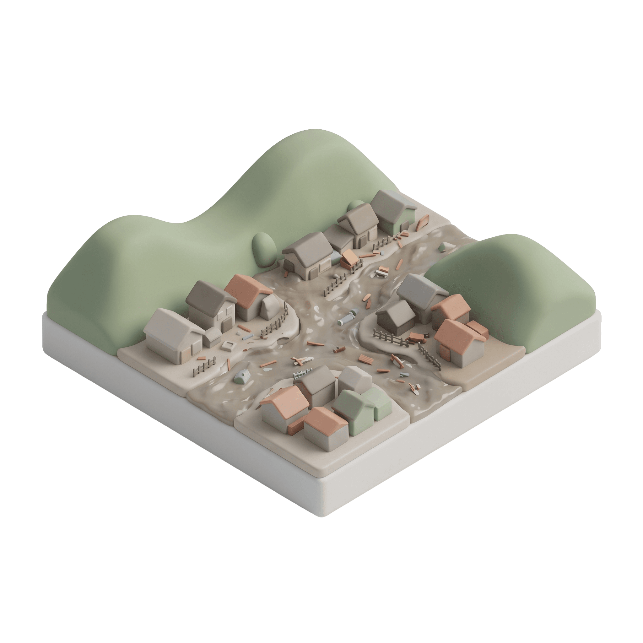 Maquete de um vilarejo entre morros verdes, com uma correnteza de lama passando entre as casas e carregando destroços
