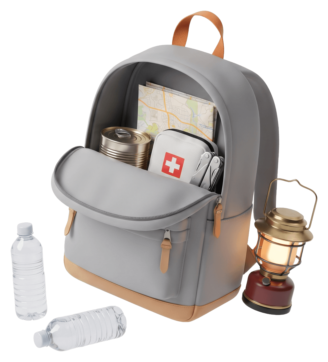 Mochila de saída cinza aberta, mostrando mapa, lata de conserva, kit de primeiros socorros e canivete; ao lado, um lampião aceso e duas garrafas de água