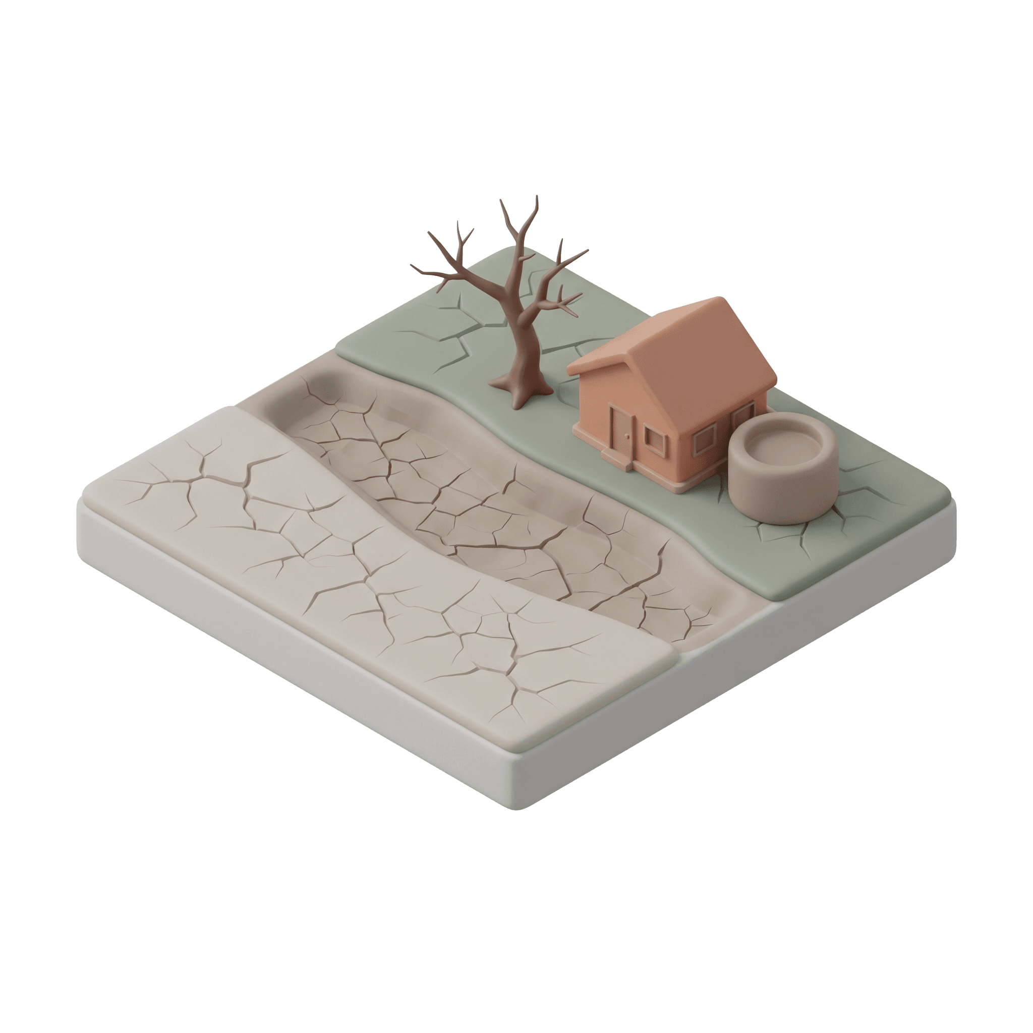 Maquete de um leito de rio seco e terra rachada, com uma árvore sem folhas, uma casa e um reservatório de água vazio