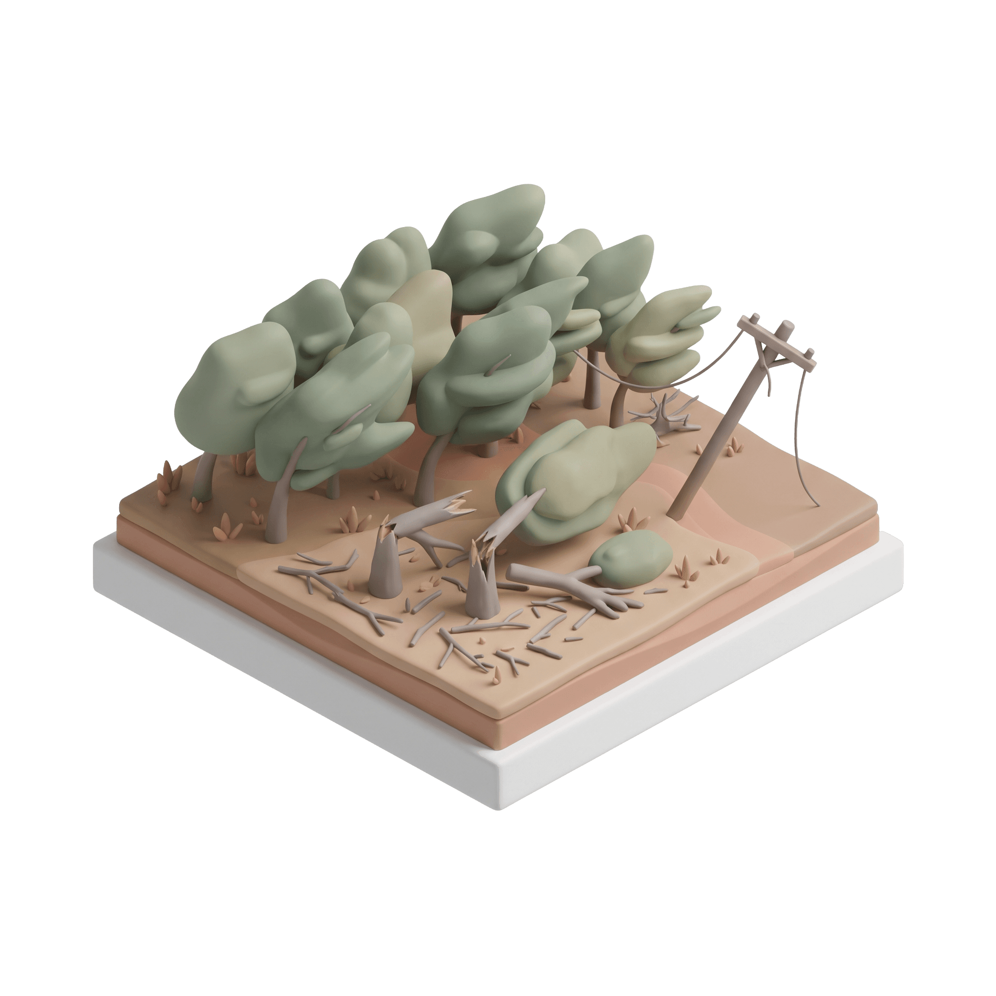 Maquete com árvores tombadas e troncos partidos, um poste inclinado com o fio solto e galhos espalhados pelo chão